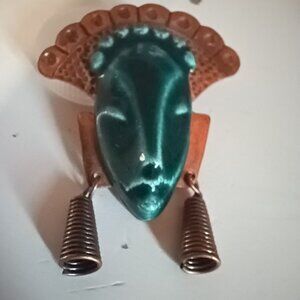 ELZAC Vintage Tribal Mask pin Brooch. Copper ans ceramic.